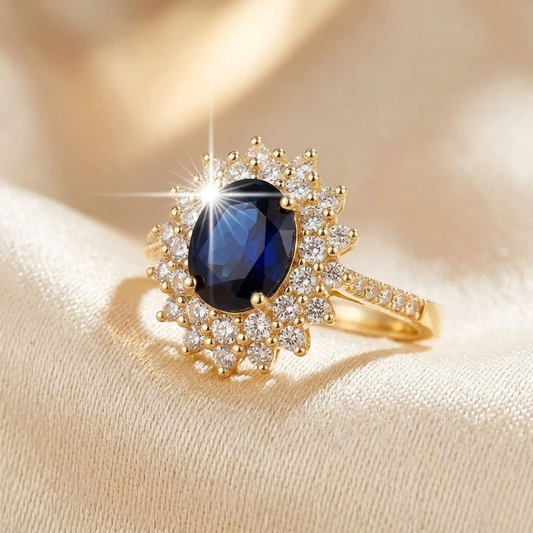 Halo-Ring mit Saphir in Gold