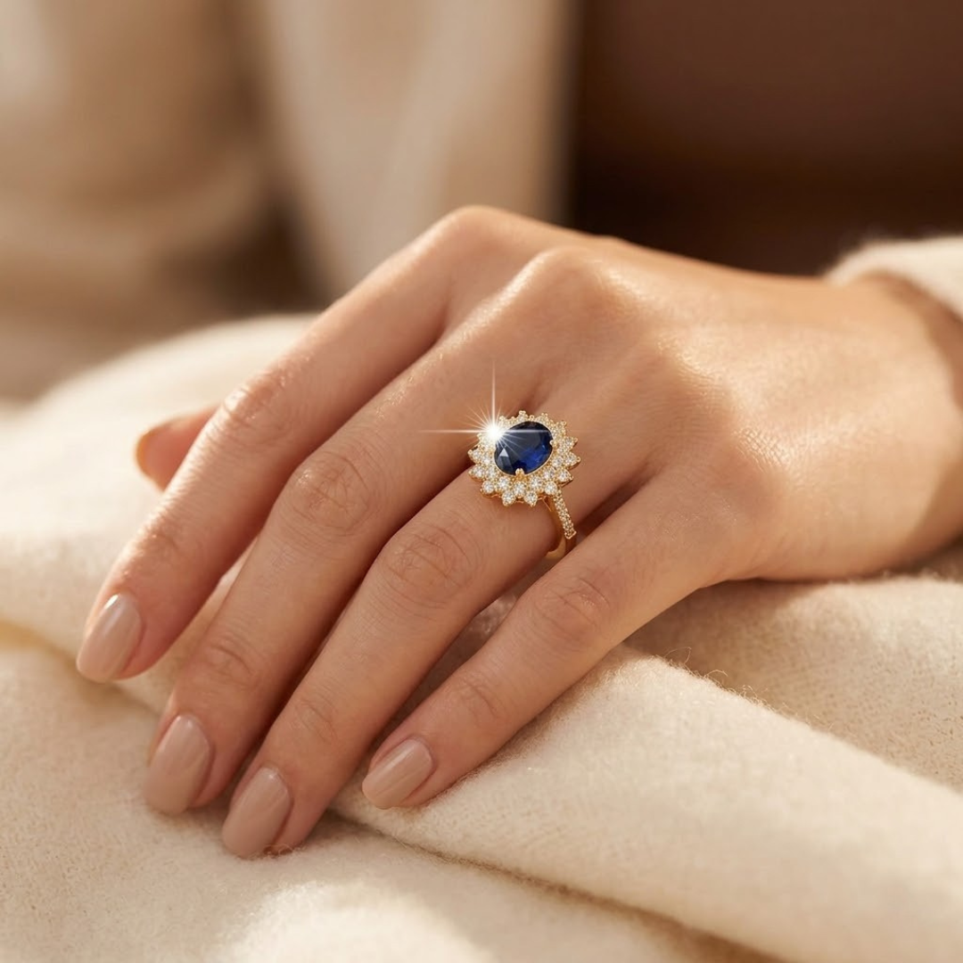 Halo-Ring mit Saphir in Gold