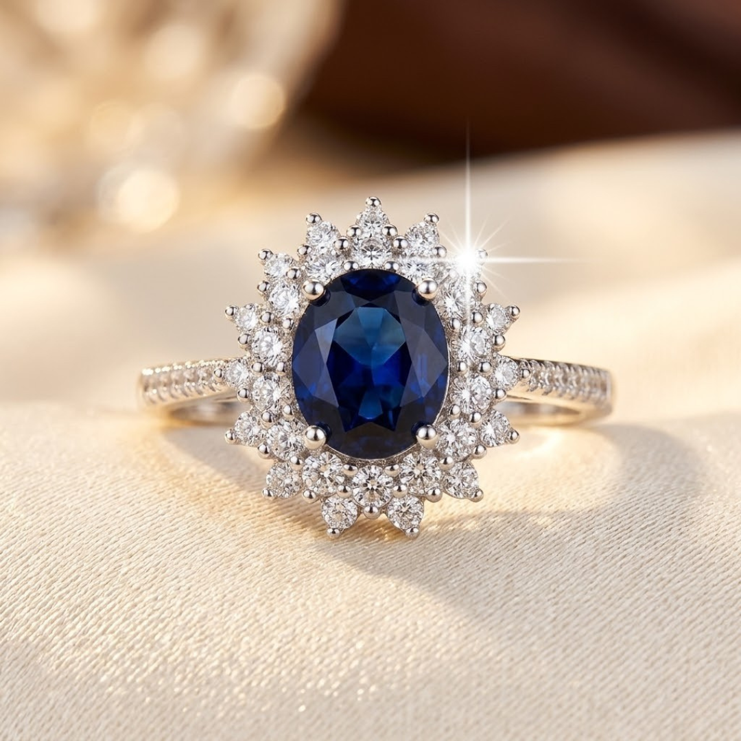 Halo-Ring mit Saphir in Gold